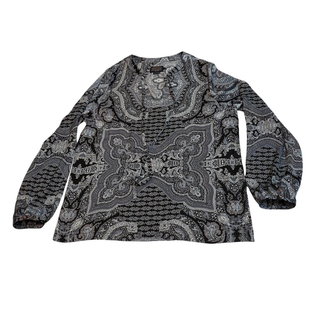 Pendelton Shirt Blouse Womens Medium Paisley Blue Gray Long Button Cuff Sleeve